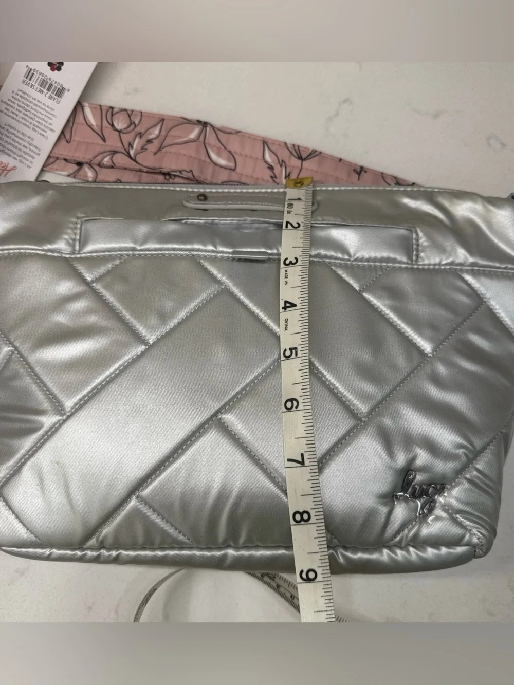 NWT lug Flare Metallic Silver Quilted Crossbody with Pink Floral & silver straps